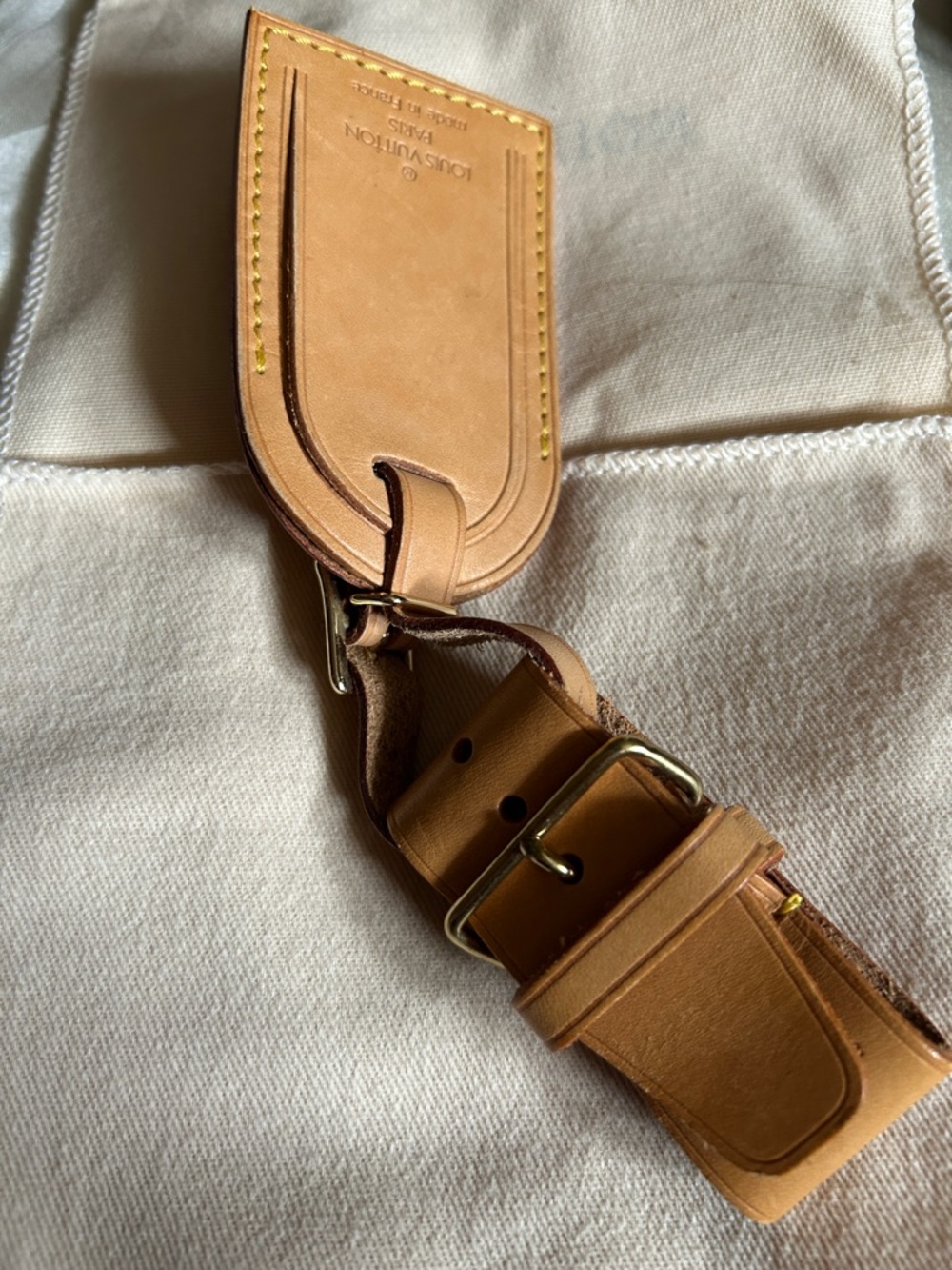 Louis Vuitton Natural Tan Leather Luggage Tag with Yellow Stitching